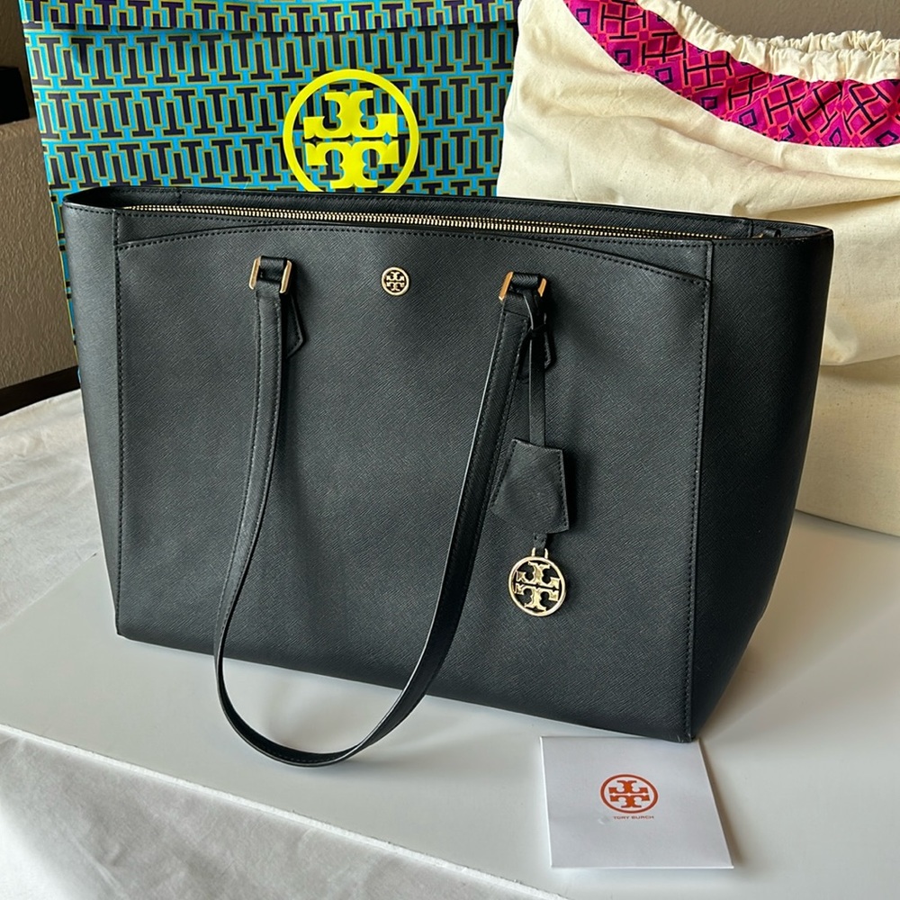 Tory Burch black leather tote with gold trim